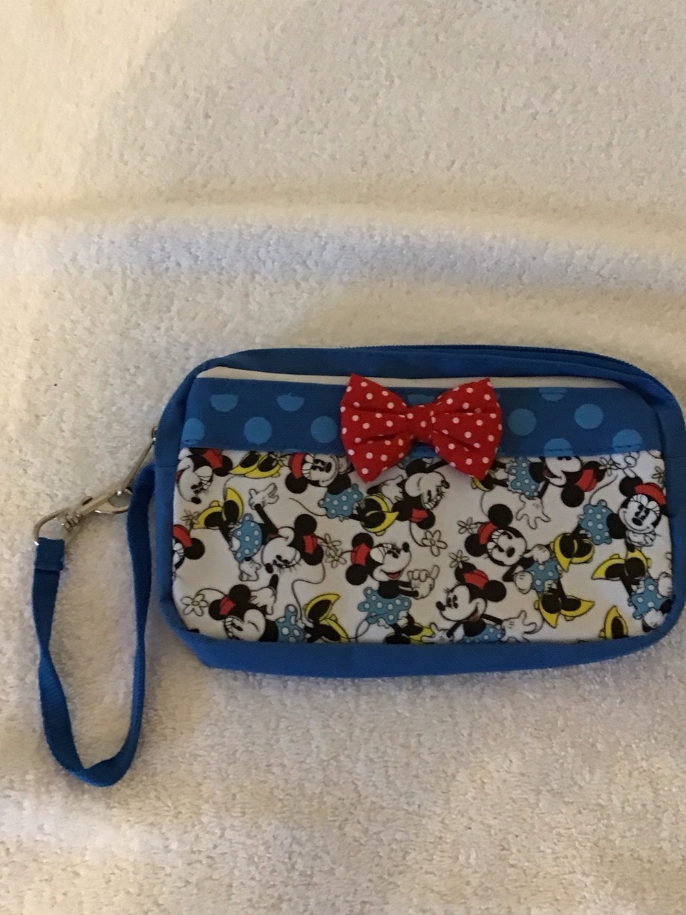 Blue Minnie Mouse Wristlet Clutch with Red Bow